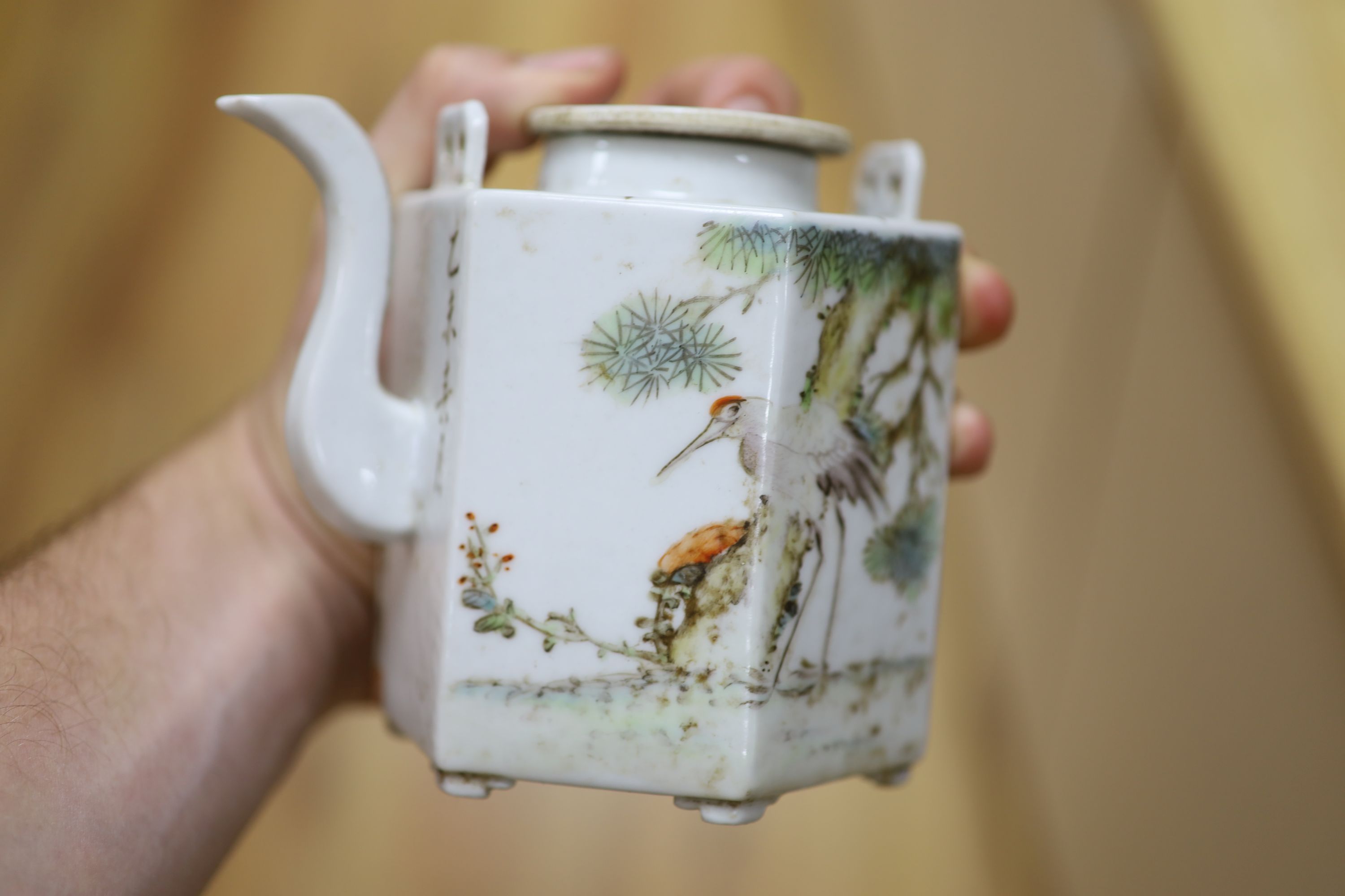 A Chinese famille rose hexagonal teapot, height 11cm